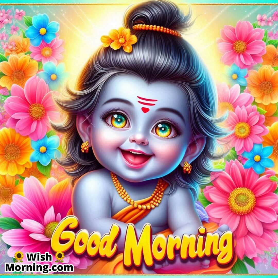 Good Morning Baby Shiva with bright glowing eyes and a playful expression surrounded by flowers.