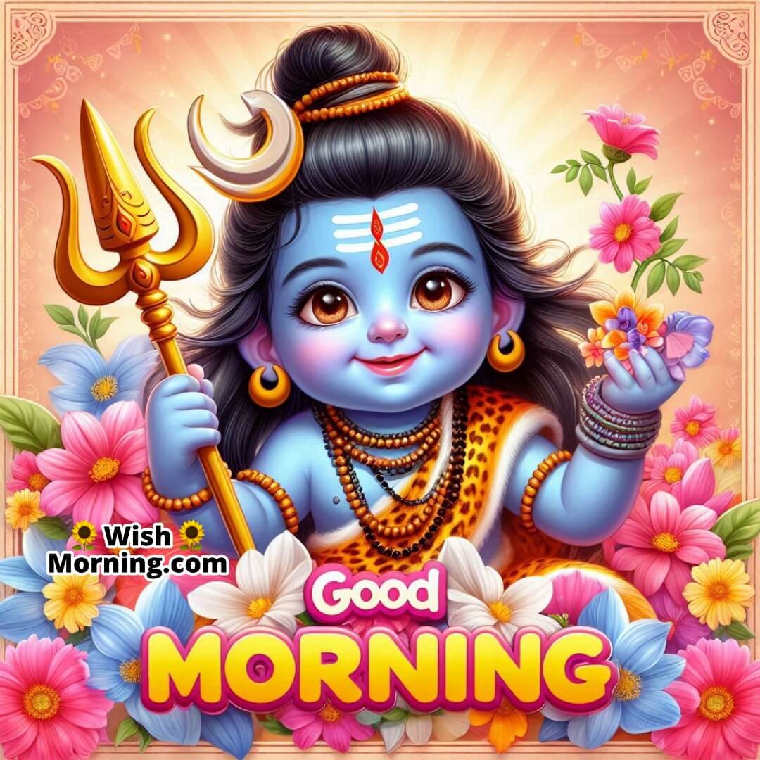 Good Morning Baby Shiva holding Trishul, radiating energy and playfulness.