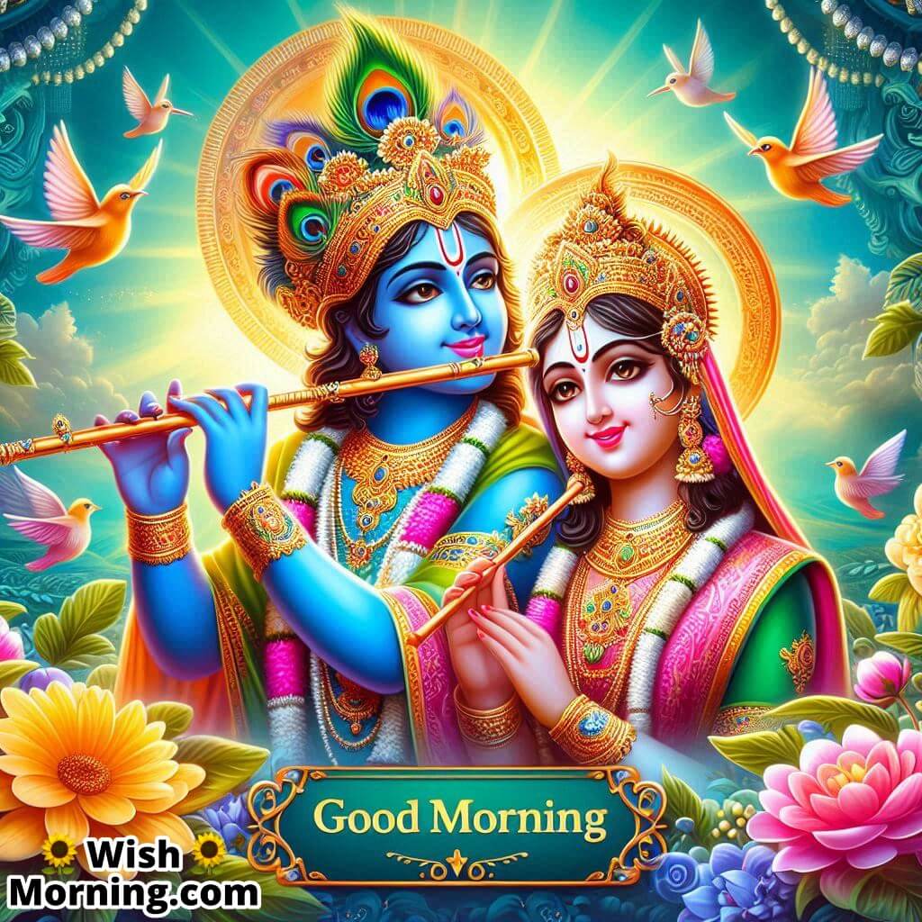 Good Morning Radha Krishna Playing Flute