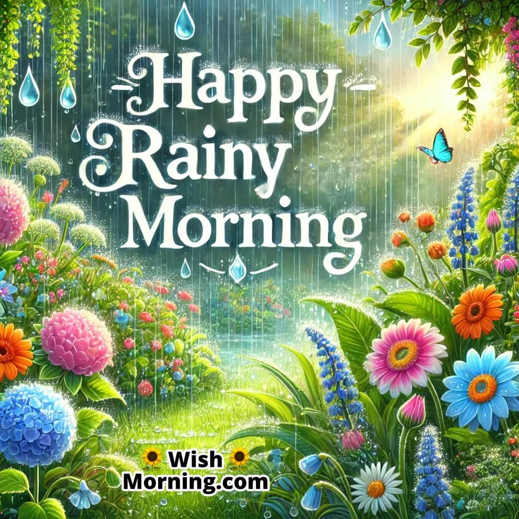 Rainy Morning In Lush Garden With Fresh Rain Drops