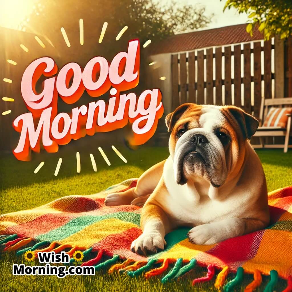 Good Morning with a bulldog lounging on a brightly colored blanket in a sunny backyard.