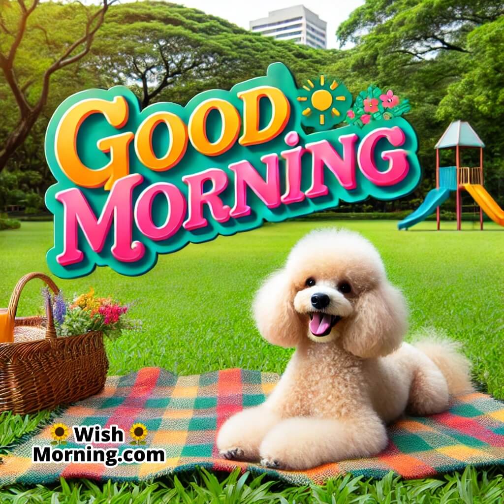 ood Morning with a poodle sitting on a colorful picnic blanket in a park. 