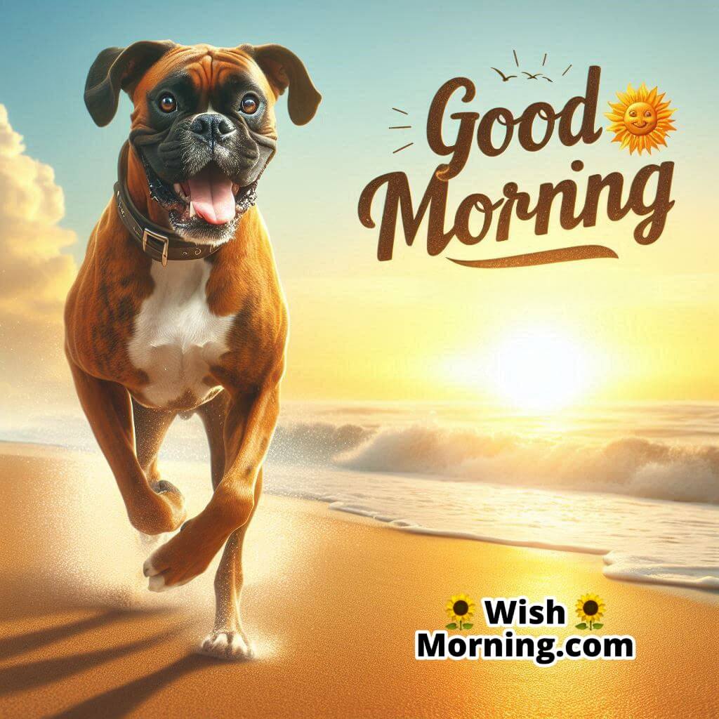 Good Morning Boxer running along a sandy beach at sunrise.