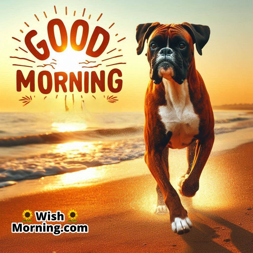 Good Morning with a boxer running along a sandy beach at sunrise. 