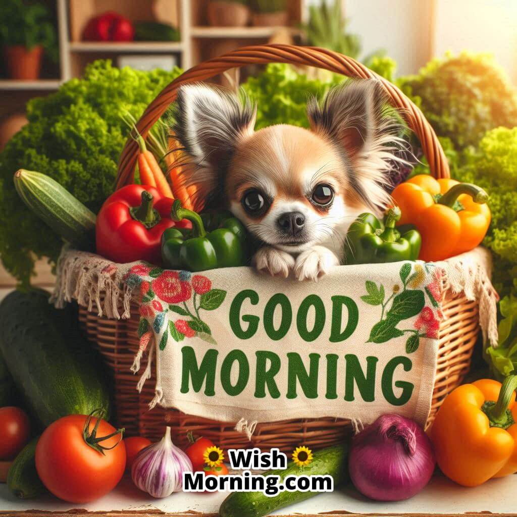 Good Morning with a Chihuahua peeking out from a basket of fresh vegetables.