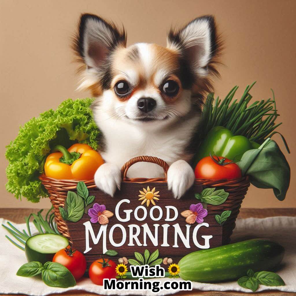 Good Morning with a Chihuahua  in a basket of fresh vegetables.