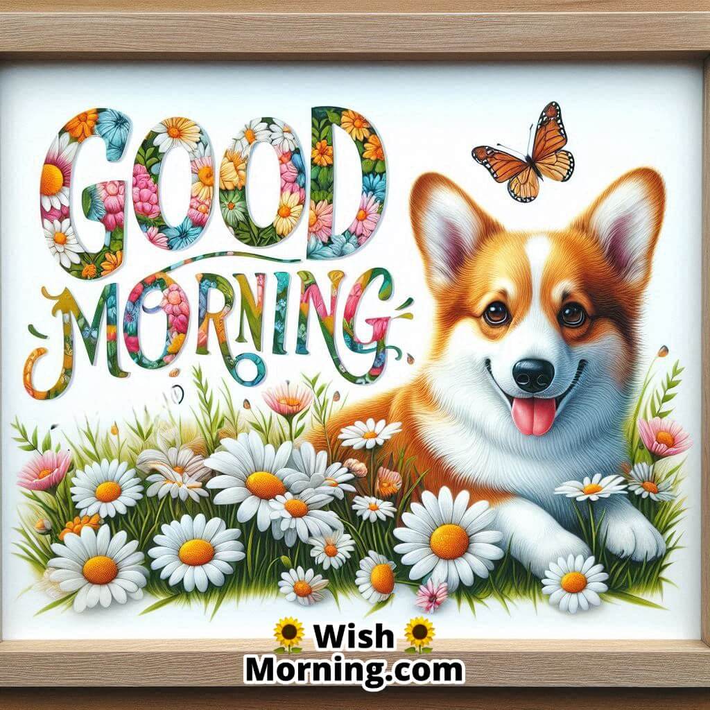 Good Morning" with a Corgi playing in a field of daisies.