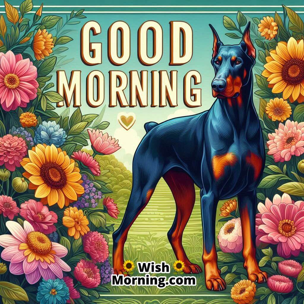 Good Morning with a Doberman standing alert in a colorful garden.