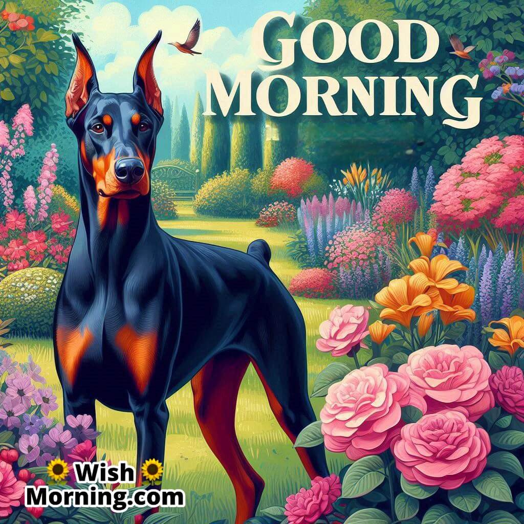 Good Morning Doberman standing in a colorful garden.