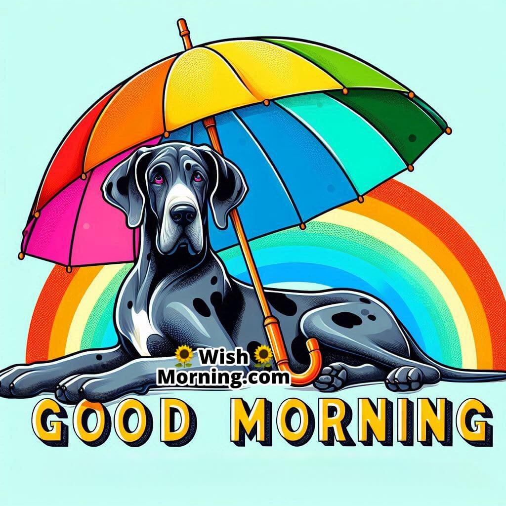 Good Morning with a Great Dane lounging under a rainbow umbrella. 