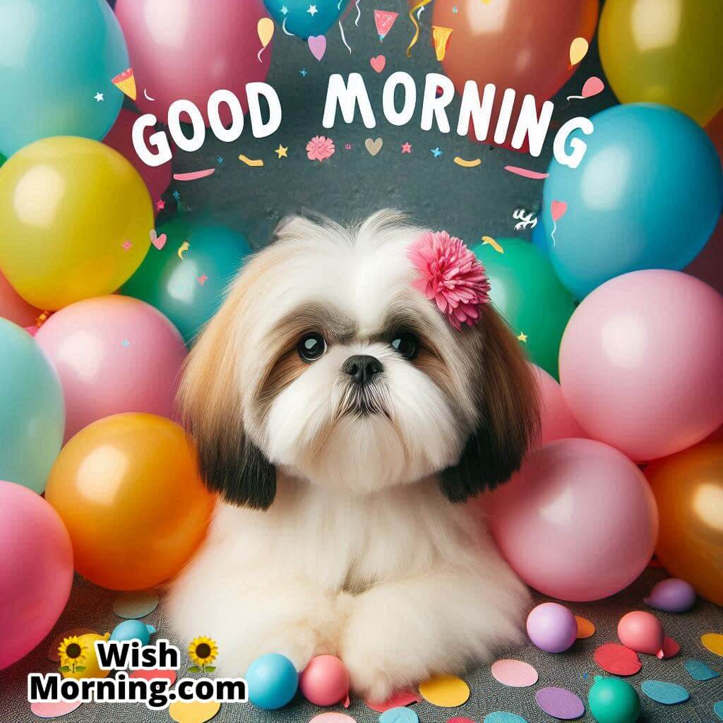 Good Morning with a Shih Tzu surrounded by colorful balloons.