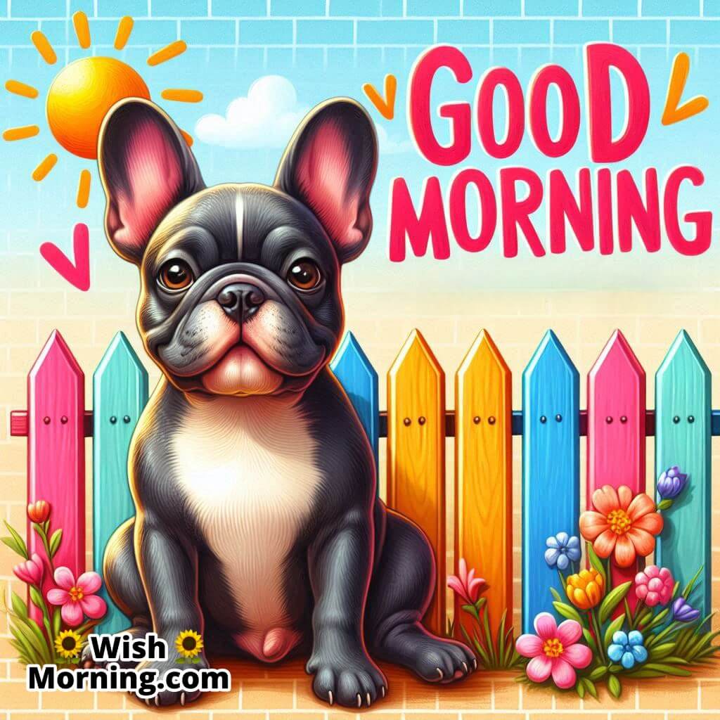 Good Morning with a French bulldog sitting next to a brightly painted fence.