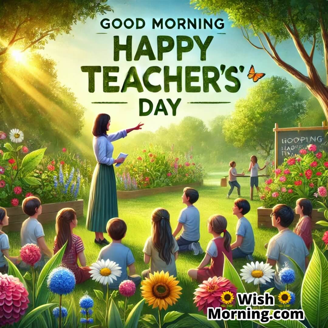 Guiding Teacher And Students In Morning Garden