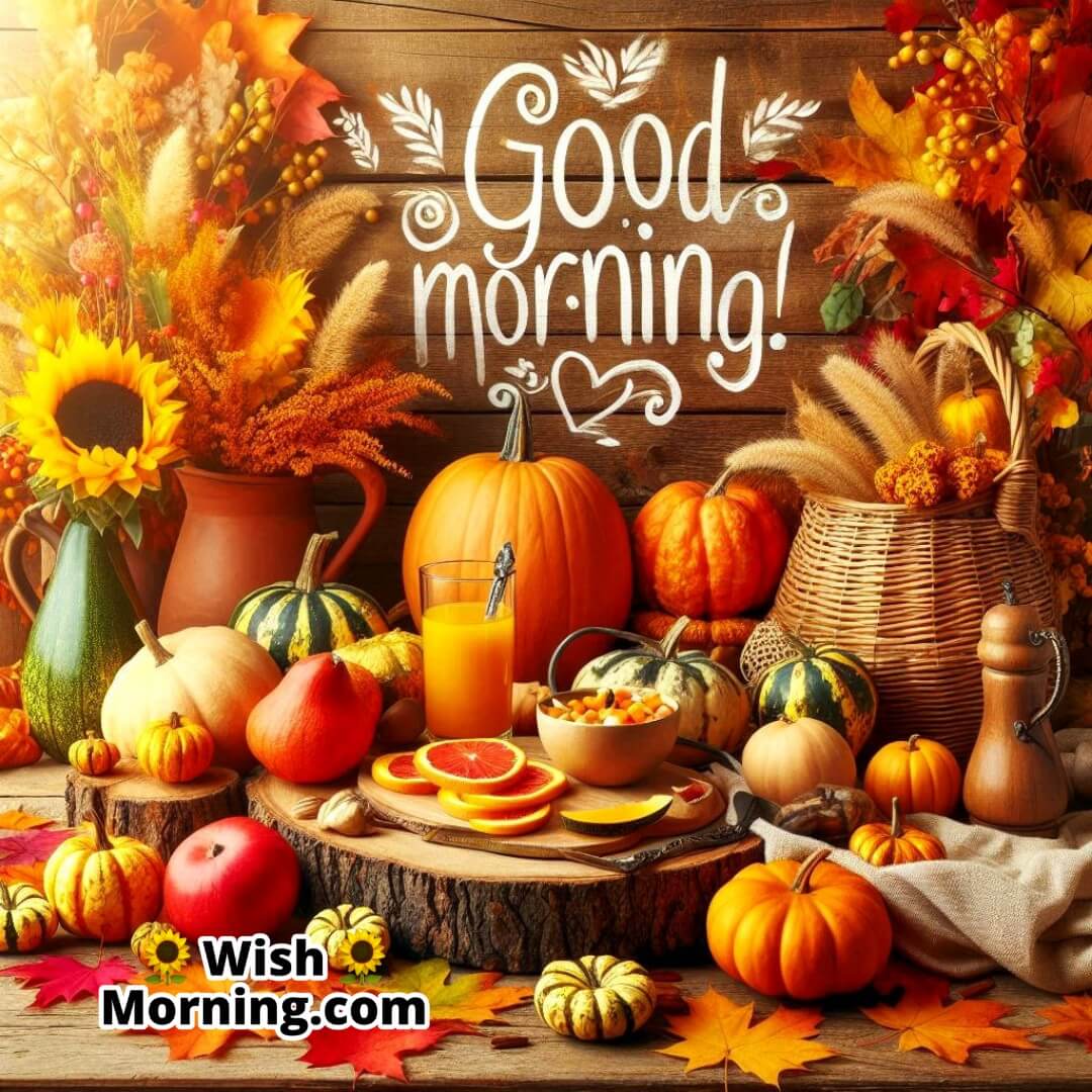 Rustic wooden table with pumpkins, gourds, and colorful leaves, Good Morning elegantly written in the background.