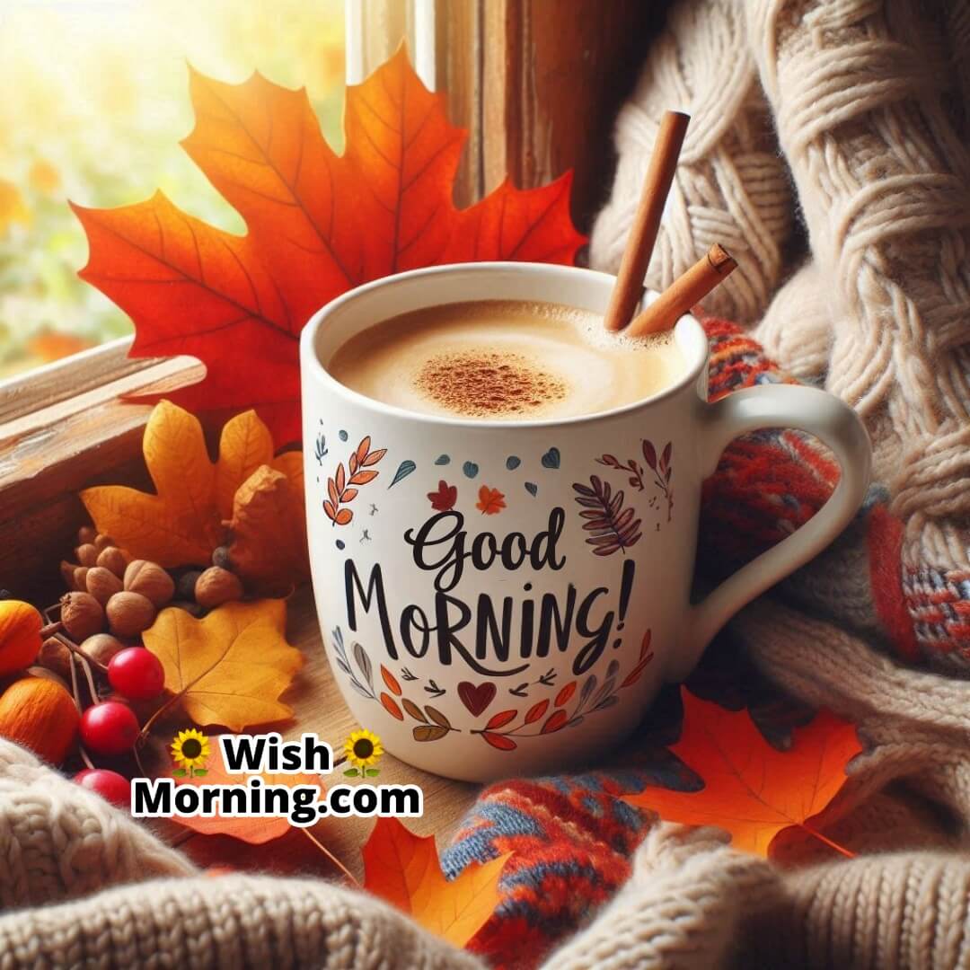 Steaming cup of coffee on a windowsill surrounded by autumn leaves and a warm sweater, Good Good Morning written on the mug.