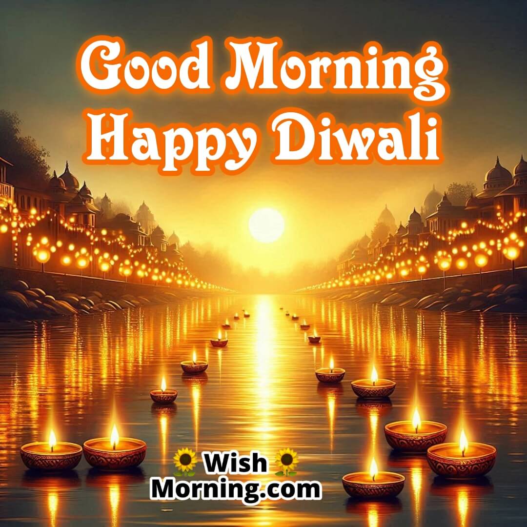 Good Morning Happy Diwali Diyas On Riverbank