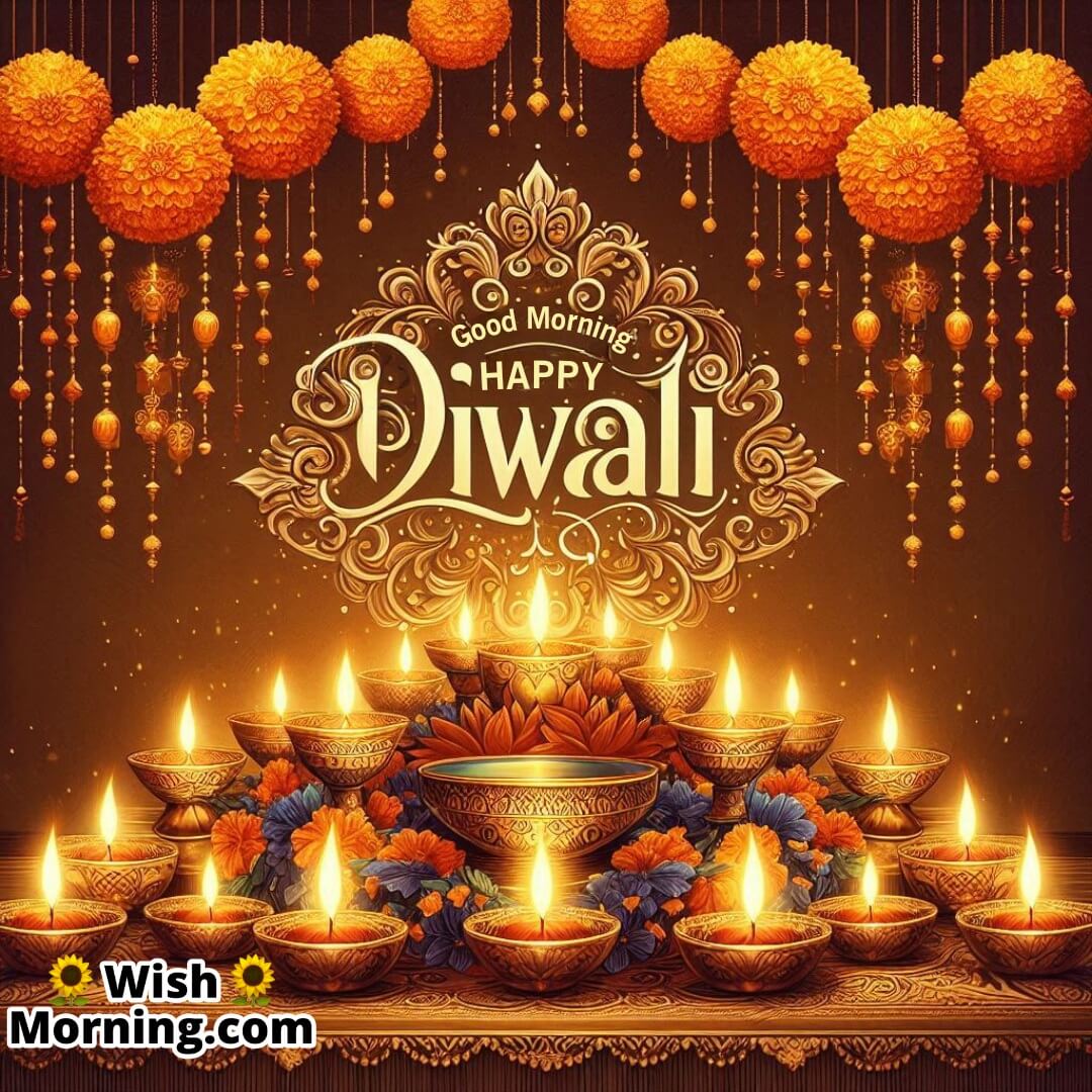 Good Morning Happy Diwali Golden Diyas