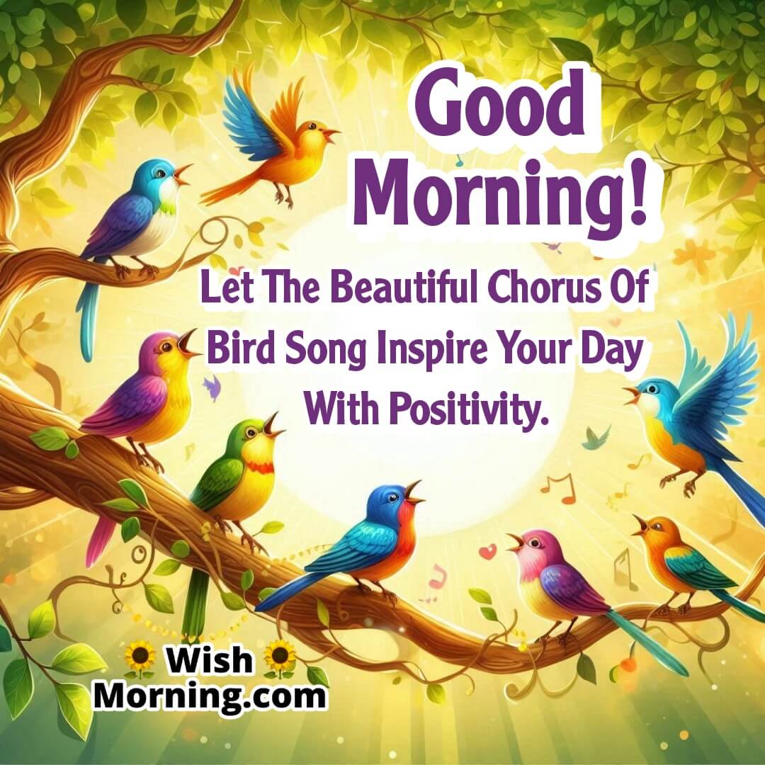 A bright morning with colorful birds singing under golden sunlight.