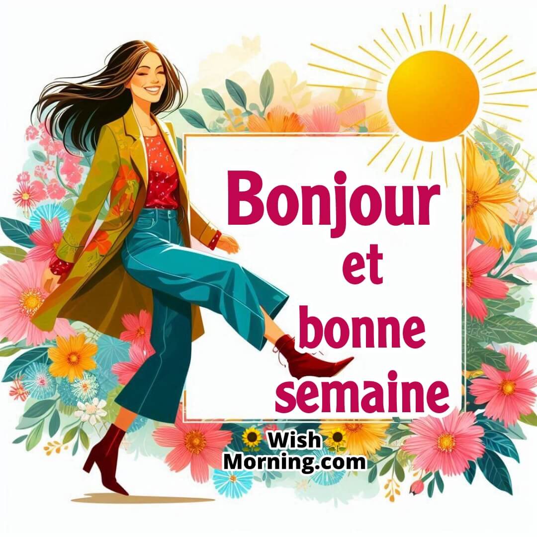 Bonjour Et Bonne Semaine text with A fashionable working lady background 