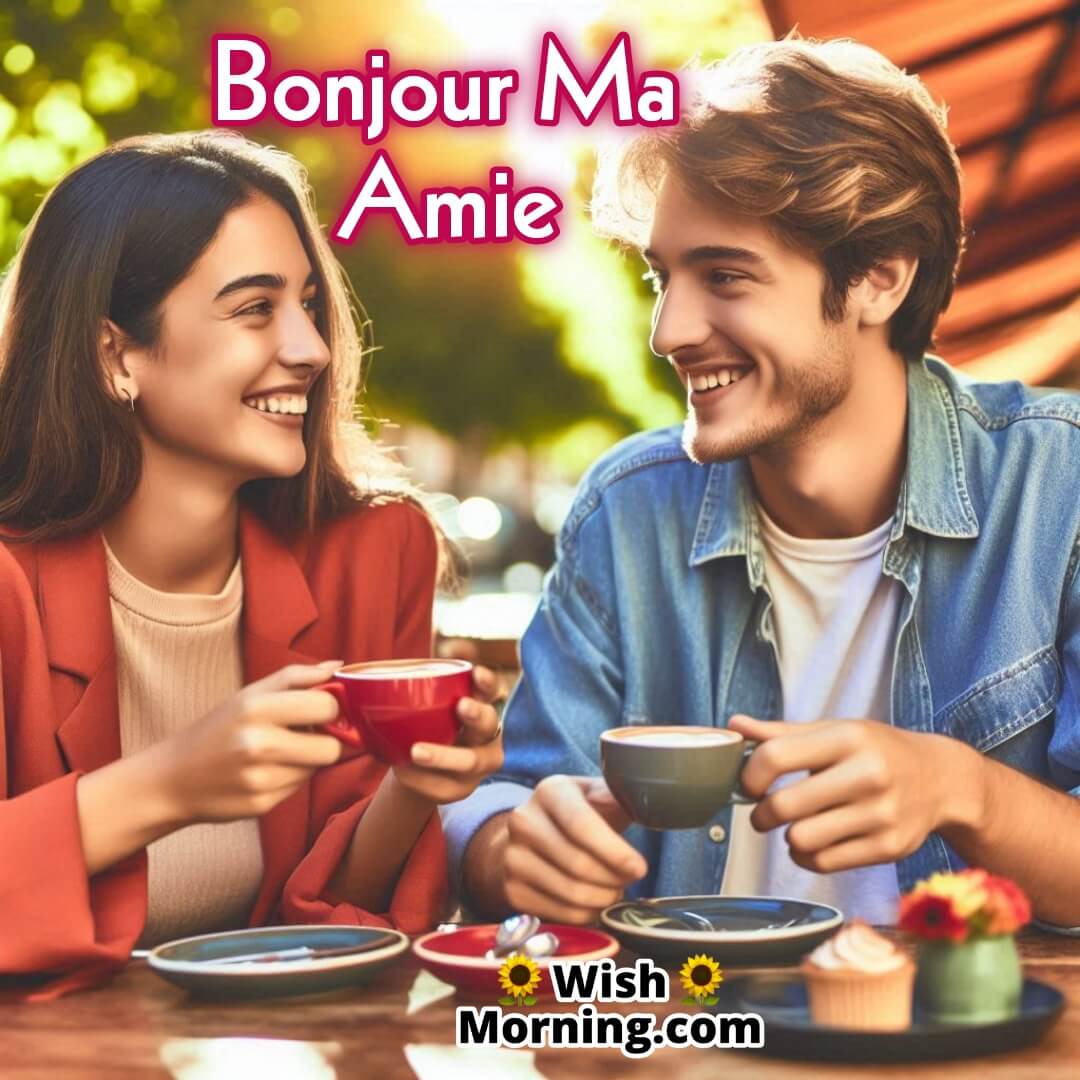 Bonjour Ma Amie text with two friends  coffee background 