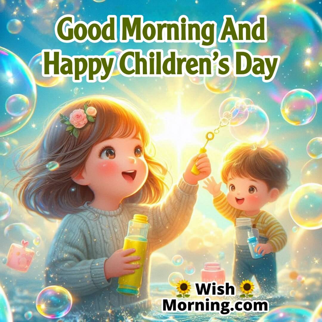 Children playing with bubbles in bright sunlight, Good Morning and Happy Children’s Day