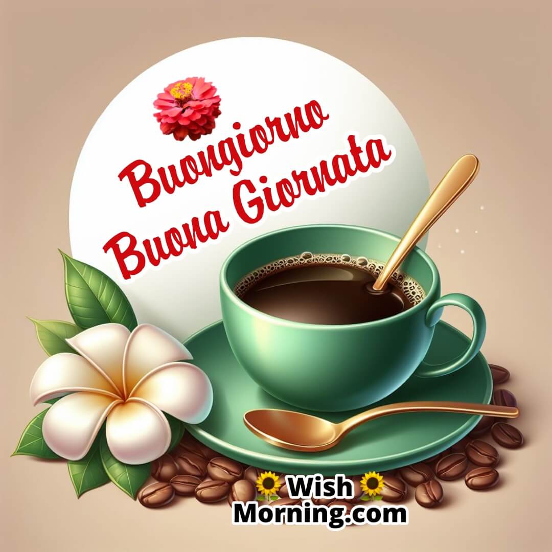 An elegant coffee cup with coffee beans scatted and Jasmeen flowers, a note of text Buongiorno Buona Giornata