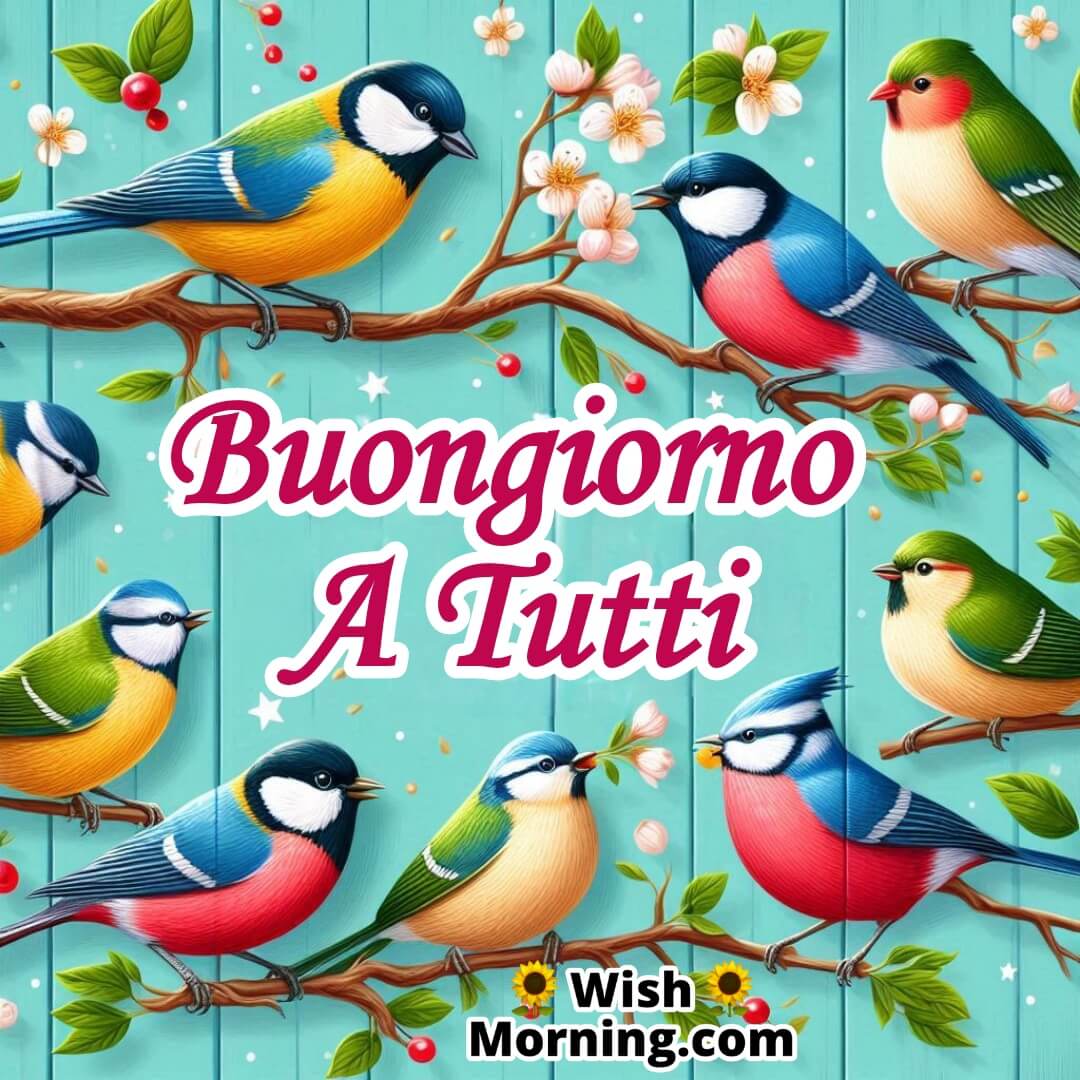 Buongiorno a tutti text surrounded by colorful birds