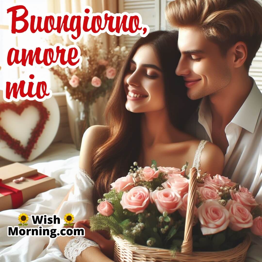 Buongiorno, Amore Mio text on romantic couple with bouquet of flowers background