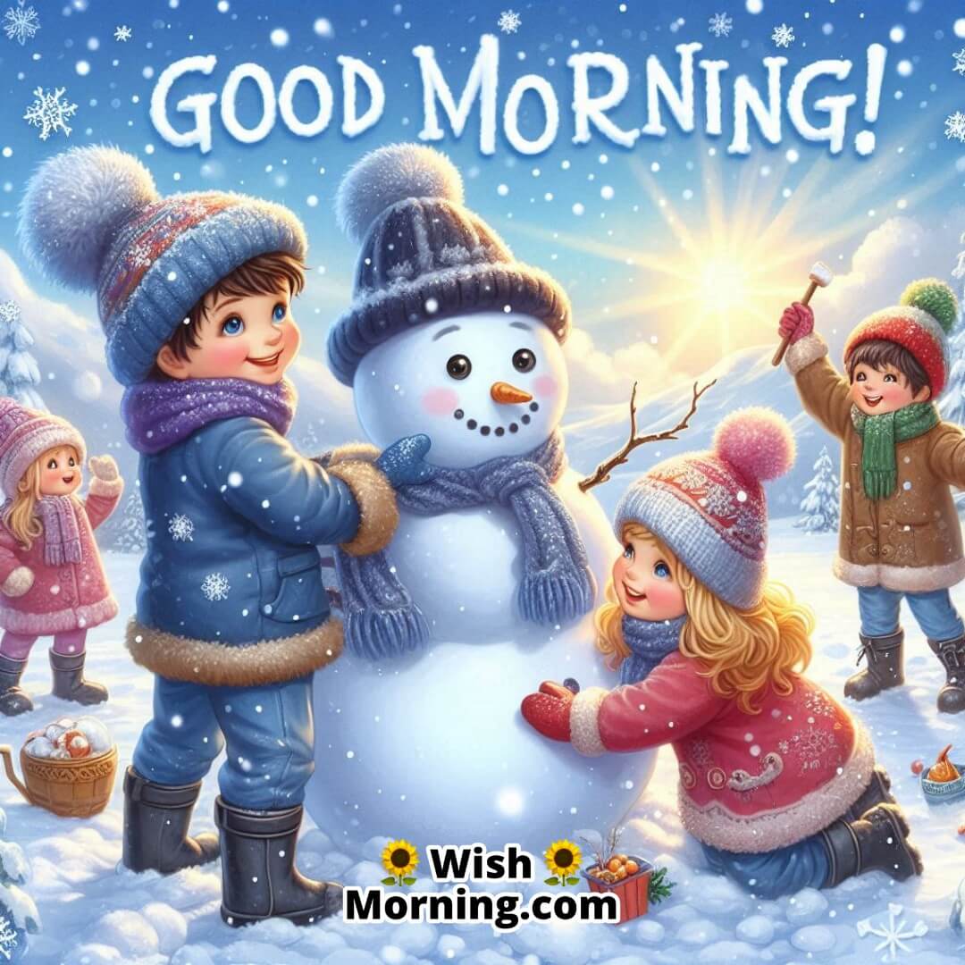 Children hugging a snowman and playing in fresh snow, with Good Morning! written in the sky above.