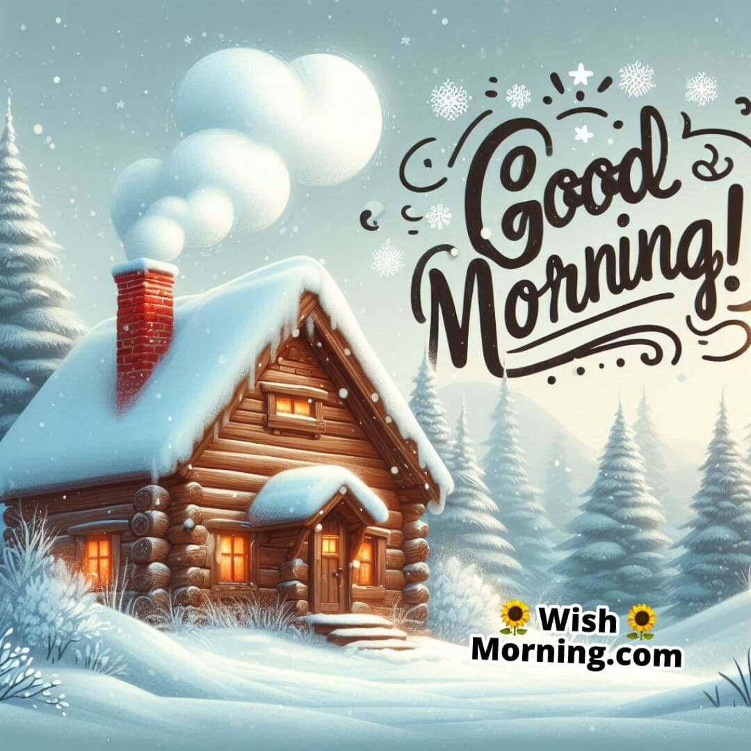 Wooden cabin nestled in a snowy landscape, smoke curling from the chimney, with soft snowflakes falling and Good Morning! written in the sky.