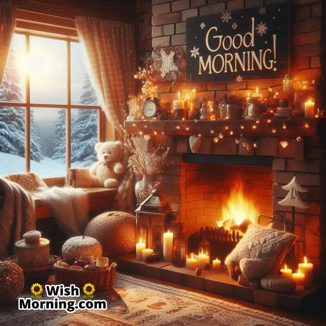 Living room with a roaring fireplace, soft blankets, snowy view outside, and Good Morning! flickering in the firelight.