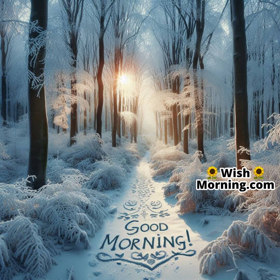 Snow-covered forest path with frosted trees and sunlight filtering through, with Good Morning! playfully written among the branches.