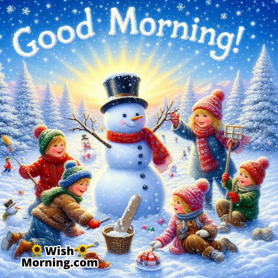 Children building a snowman and playing in fresh snow, with Good Morning! written in the sky above.