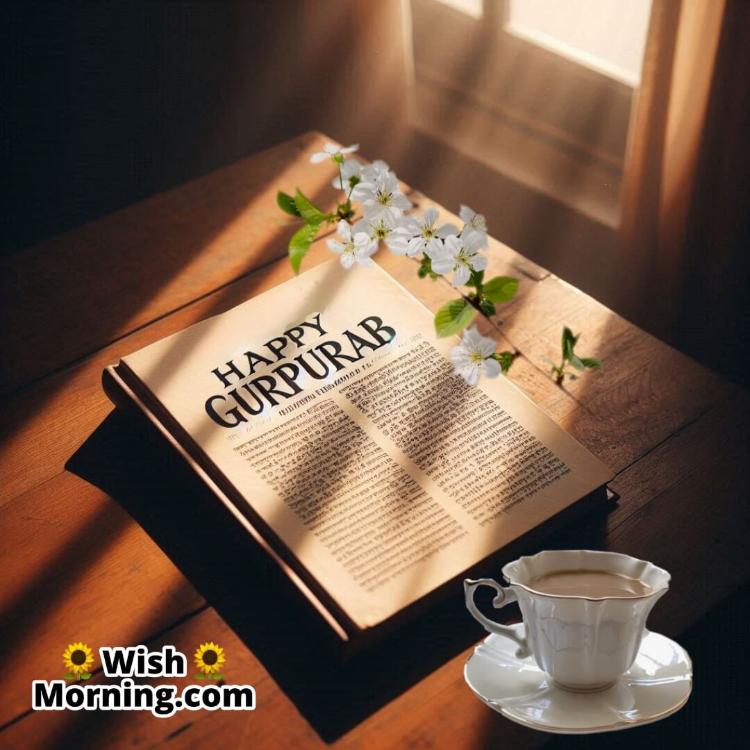 Sikh scripture on a wooden table with Good Morning Happy Gurpurab text in a traditional font.