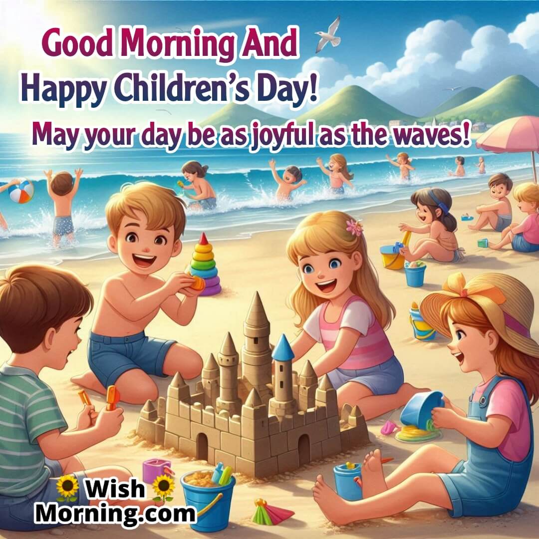 Children enjoying a sunny beach with sandcastles on Children’s Day, perfect for morning wishes.