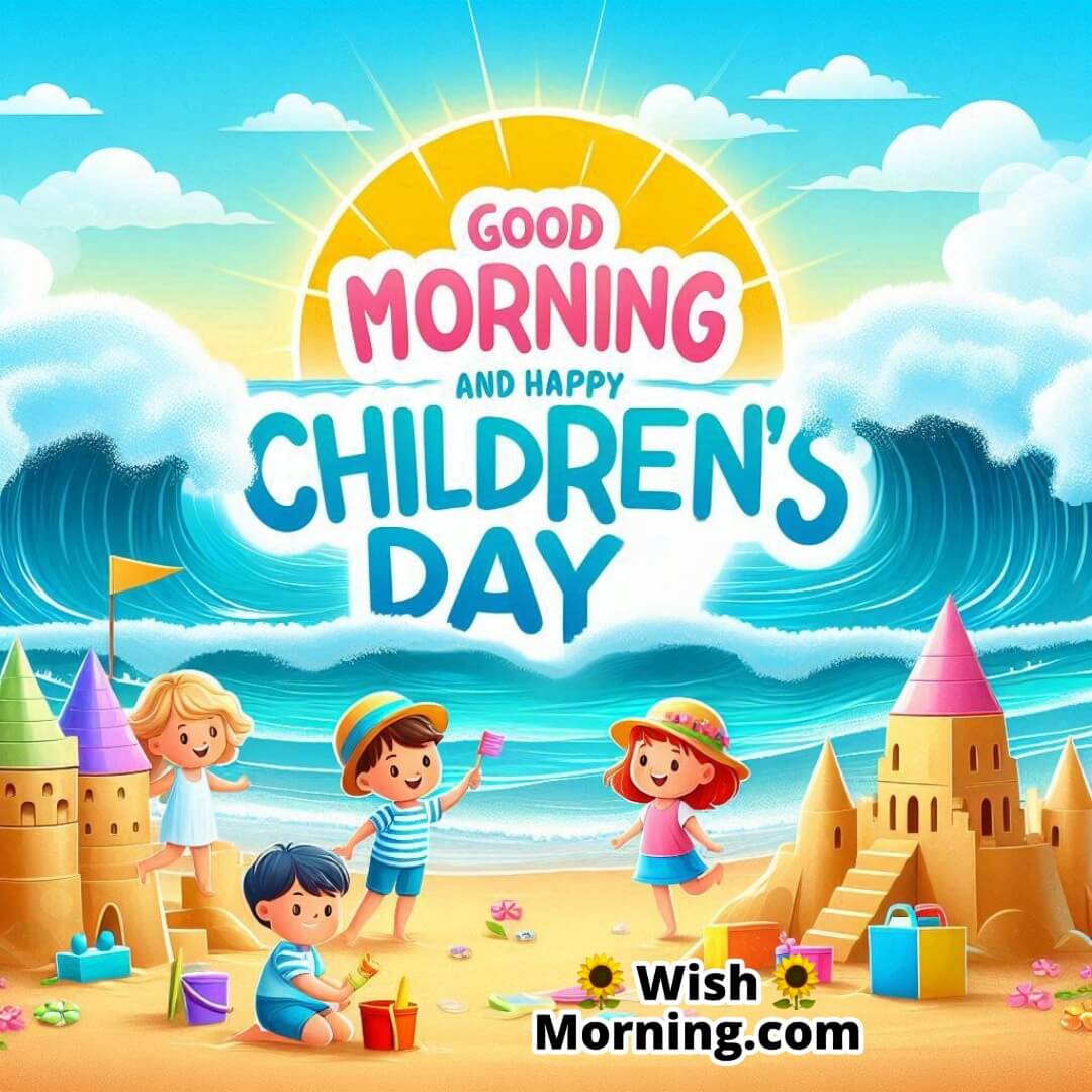 Children playing on a beach with a bright sky, Good Morning and Happy Children’s Day