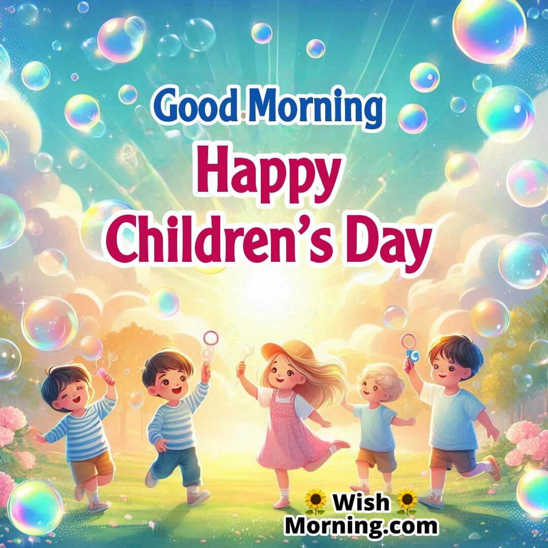 Children playing with bubbles in bright morning, Good Morning and Happy Children’s Day