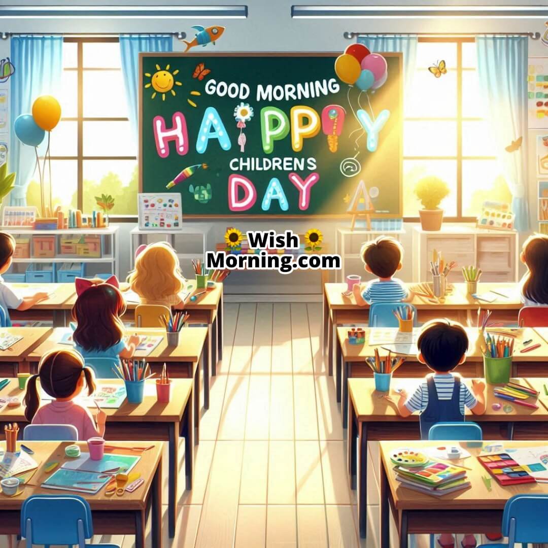 Sunny classroom with children, Good Morning and Happy Children’s Day