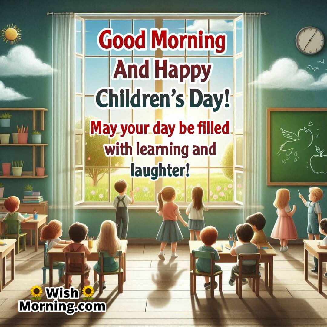 Classroom scene with children learning in morning sunlight, ideal for Good Morning Children’s Day wishes.