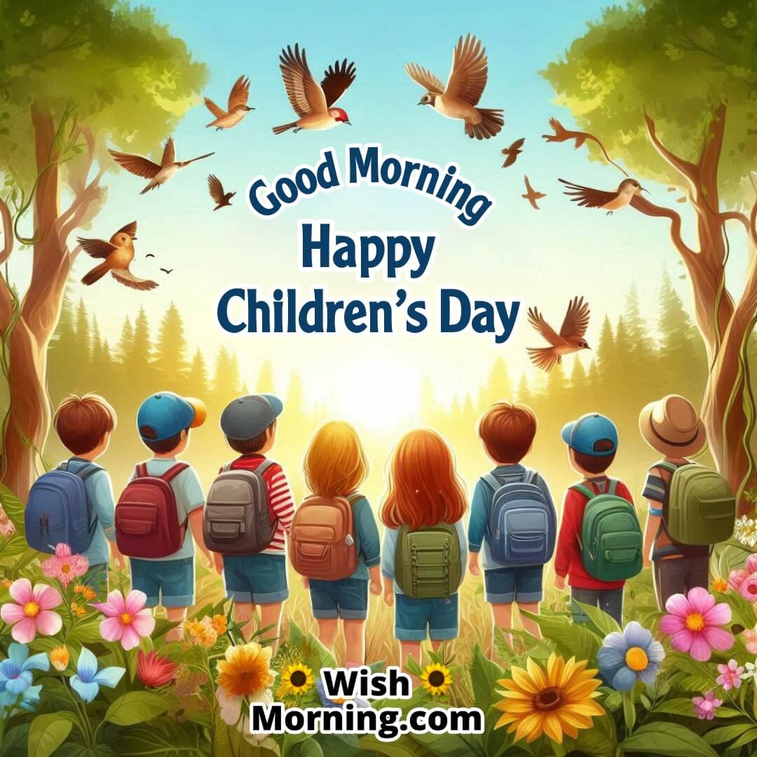 Children exploring nature in morning sunlight, Good Morning and Happy Children’s Day