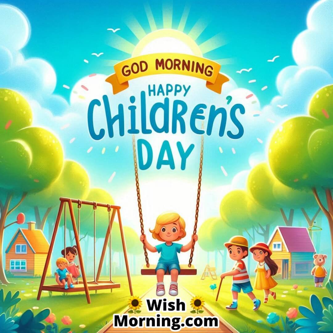 Children playing on a swing with a bright morning sky, Good Morning and Happy Children’s Day