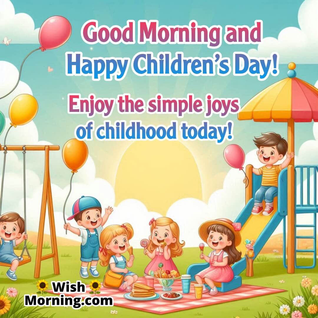 Children enjoying a picnic in a sunny field on Children’s Day, perfect for morning wishes. Wishes