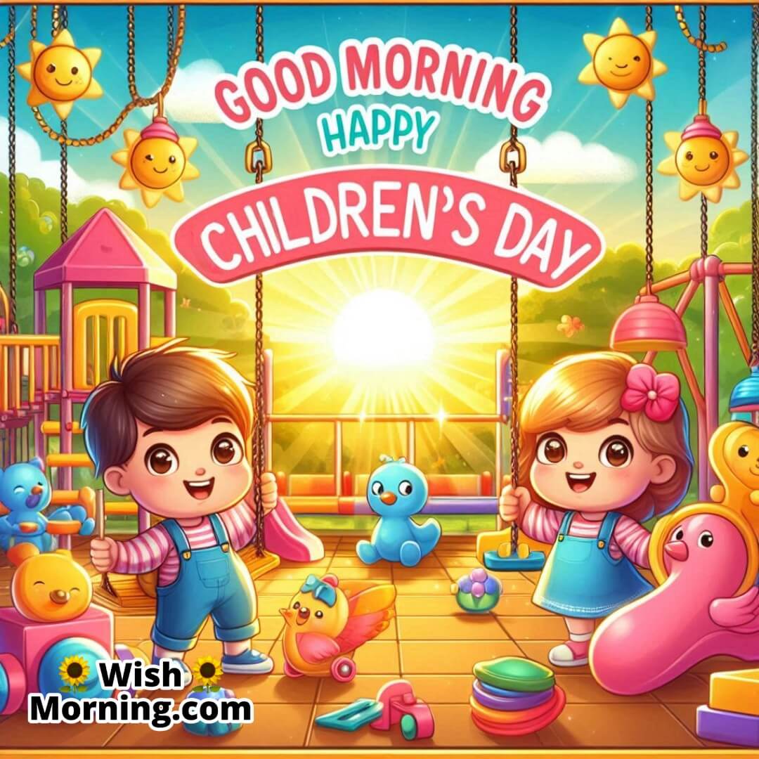 Playground with sunrise and toys, celebrating Good Morning and Happy Children’s Day