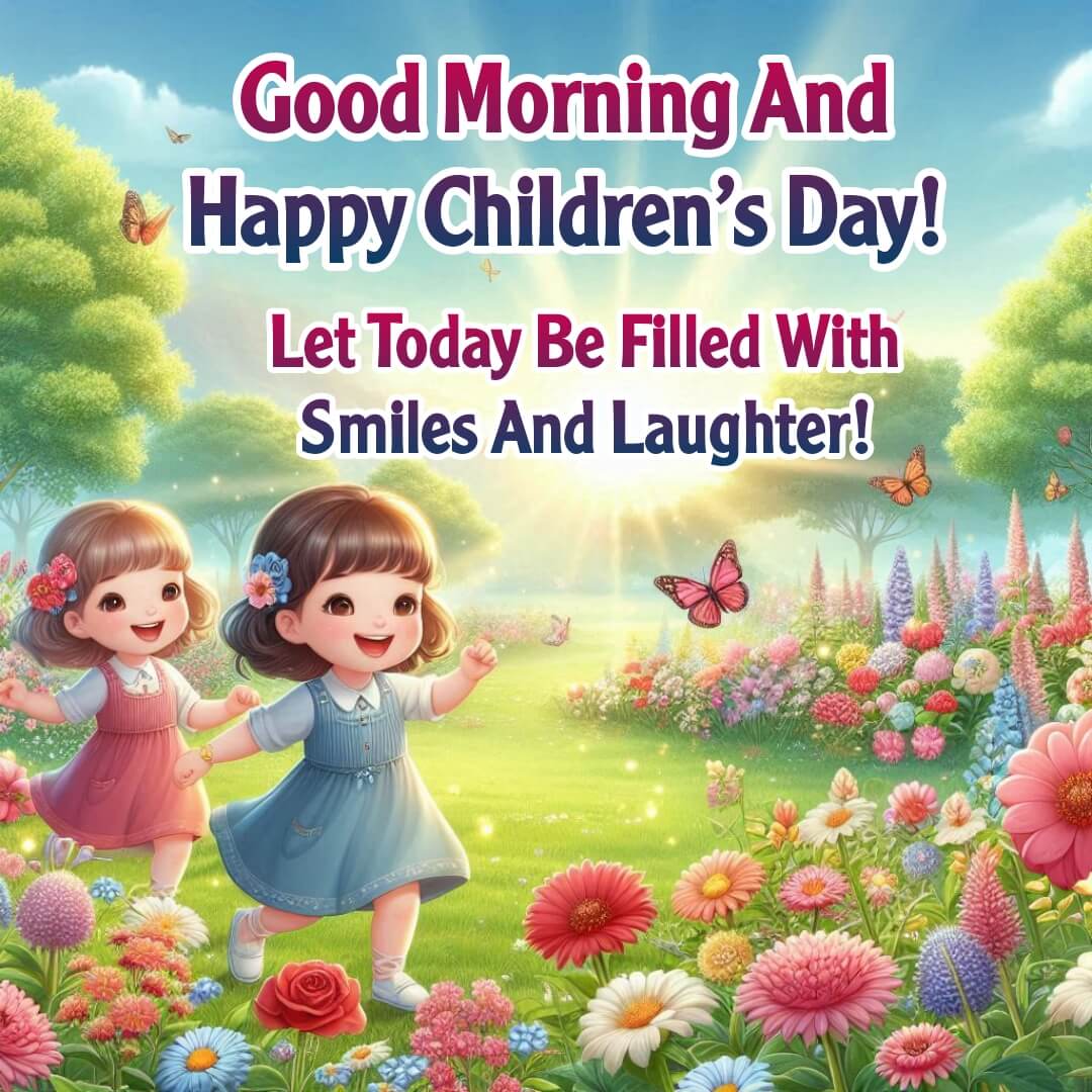 Children enjoying a sunny garden on Children’s Day, perfect for Good Morning wishes.