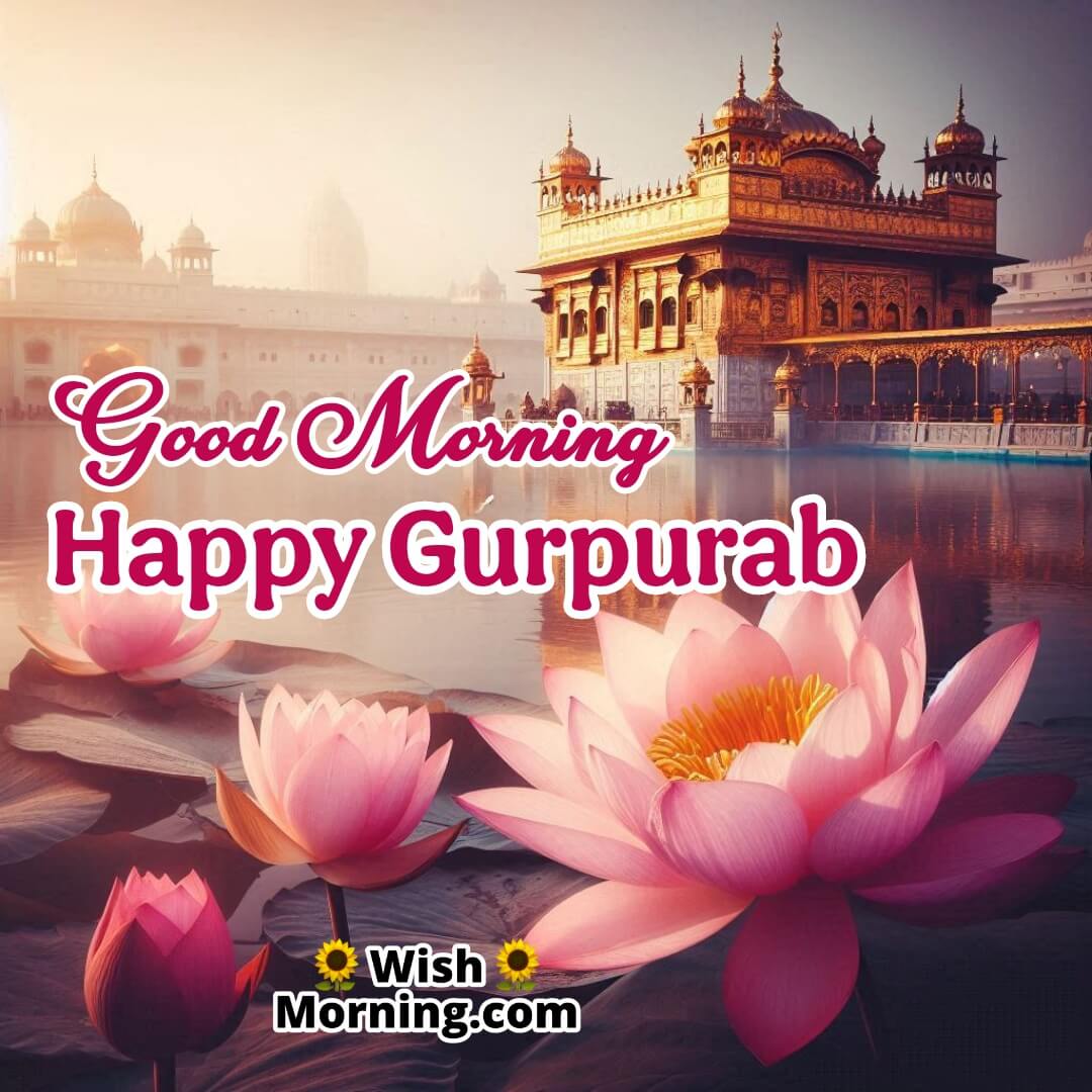 Lotus flowers near Golden Temple with Good Morning Happy Gurpurab text in an italic font.