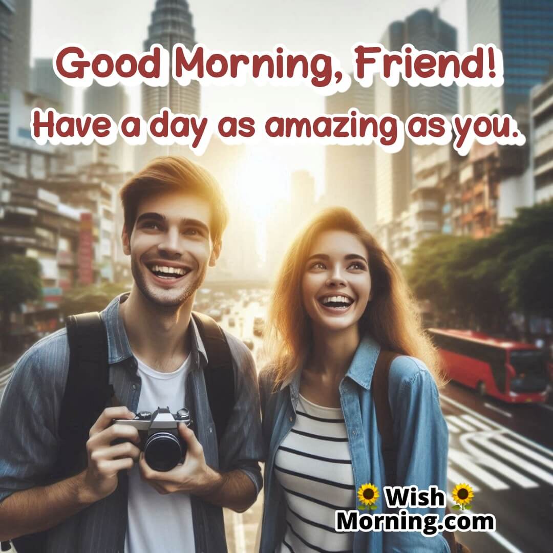 Two friends standing in a vibrant city street, one holding a camera, excited for the day ahead in the soft morning light.