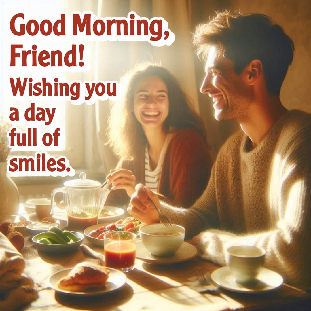 Two friends sitting at a breakfast table, smiling and enjoying a hearty meal with sunlight streaming through.