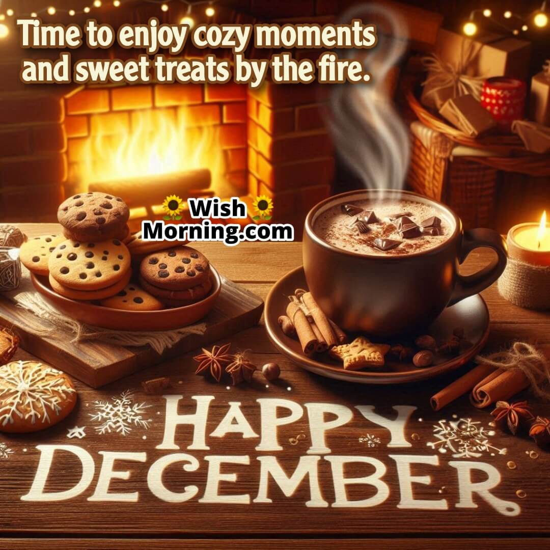 Cozy indoor scene with hot chocolate, cookies, and a fireplace, featuring the text Happy December