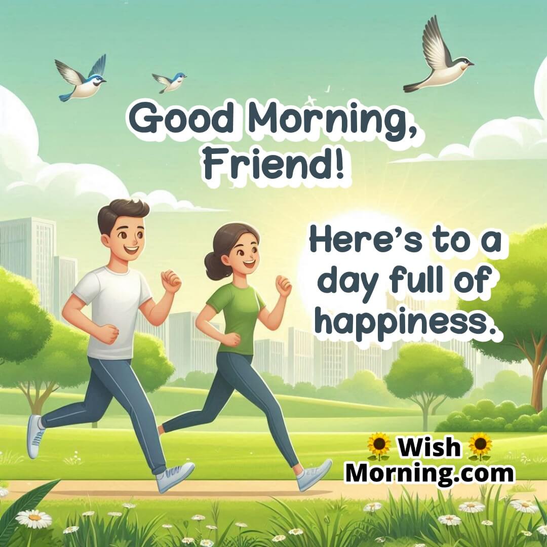 Two friends jogging or walking together in the park, laughing under the morning sun with birds flying nearby.