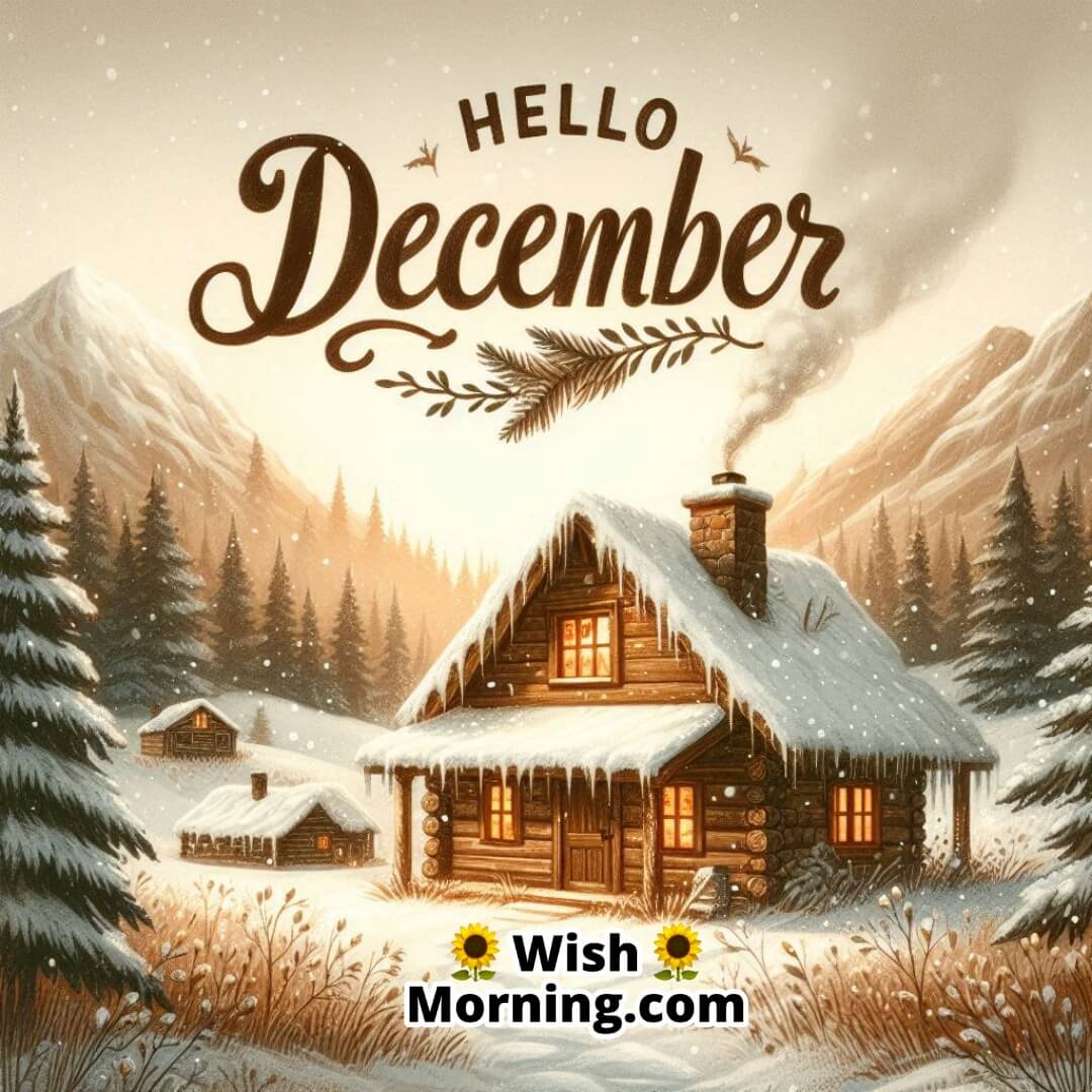 Snow-covered rustic cabin with smoke from the chimney and evergreen trees with Hello December at the top.